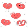 Retro groovy lovely hearts stickers in trendy retro 60s 70s cartoon style. Love concept.